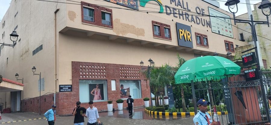 Greenpanel branded umbrella at the entrance of Mall of Dehradun, next to PVR