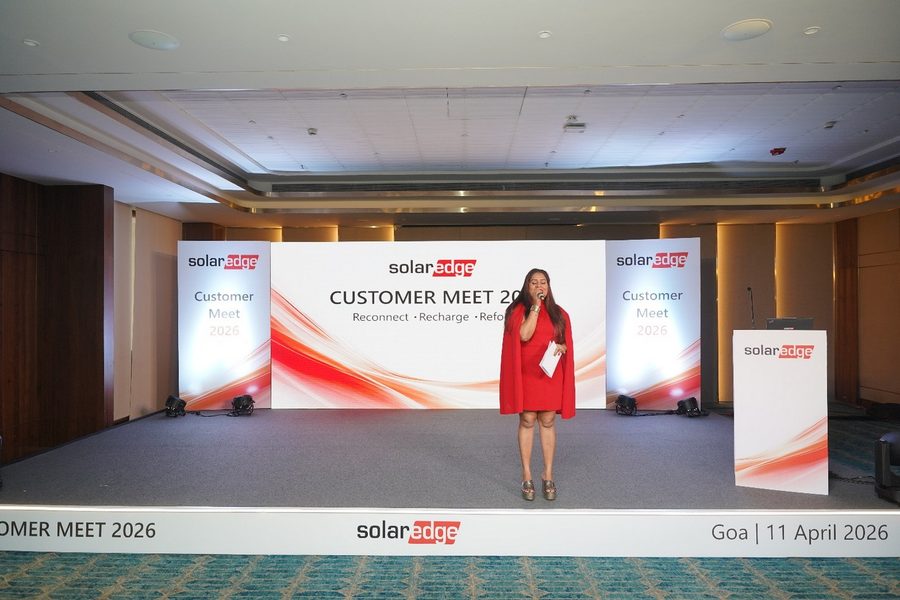 SolarEdge Customer Meet 2026 branded stage backdrop in Goa